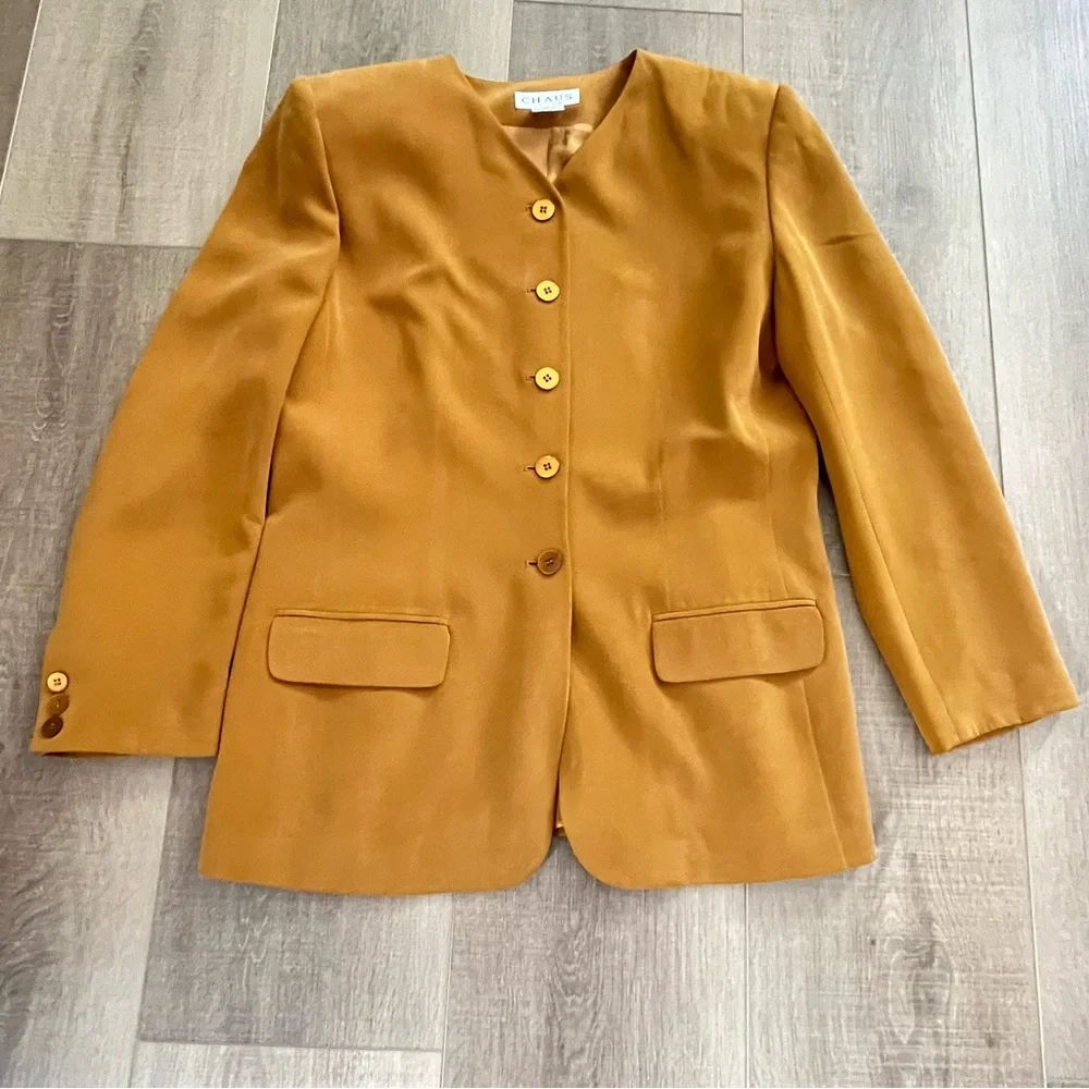 Chaus Vintage 100% Silk Jacket Skirt Suit Set SZ 12/10 Lined Shoulder Pad Career
